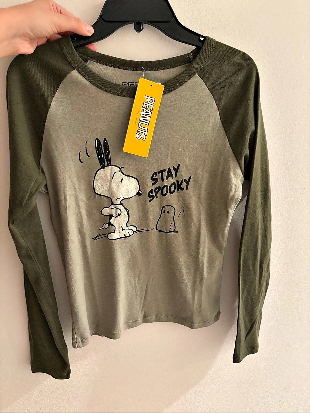 Peanuts Snoopy Stay Spooky Long Sleeve T-Shirt Top Green & Gray